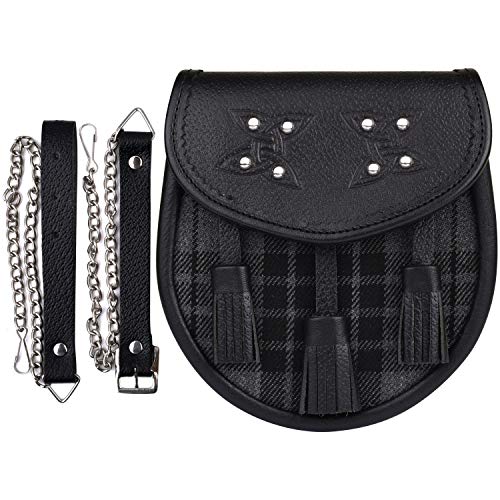 DSS KILTS Real Leather Sporran for Men Handmade Scottish Kilt Accessory with Matching Tartan Black Watch, Grey Watch Highland Dress Formal Outfit Pouch