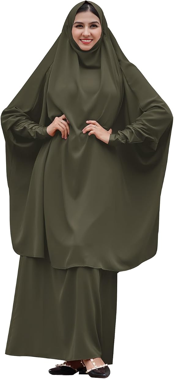 IDOPIP Two Pieces Jilbab Modest Dress for Muslim Women Long Maxi Khimar + Skirt with Hijab Burkas Islamic Abaya Dress Outfit