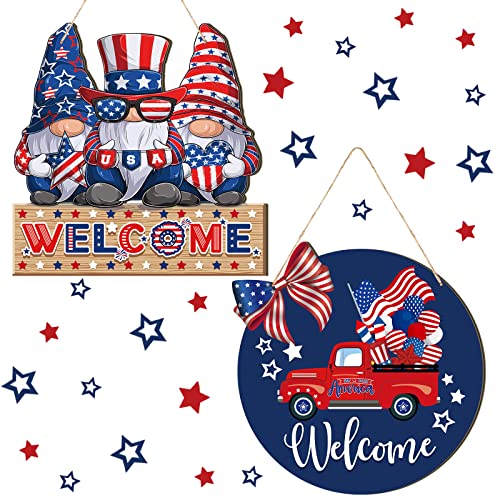 2 Pcs 4th of July Welcome Sign Patriotic Wooden Signs Star American Flag Large Hanging Decor for Independence Day Party Memorial Day Outdoor Home Front Door Window Wall OrnamentGnomes