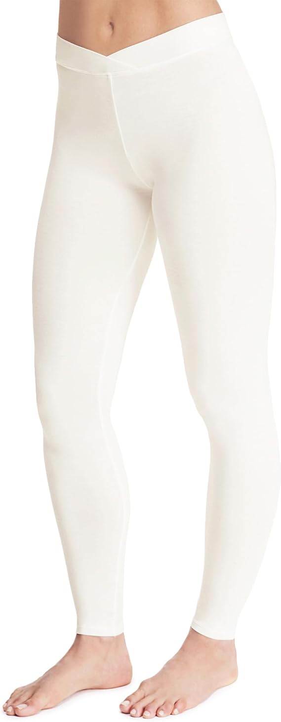 Cuddl Duds Softwear with Stretch Leggings for Women - Soft Lightweight Base Layer Tights - Mid Rise Crossover Waistband, Ivory, Medium