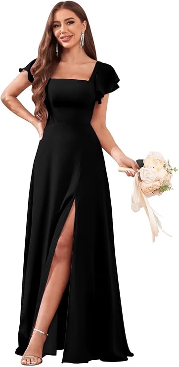 Bolodoo Women's Short Sleeve Bridesmaid Dresses for Wedding Empire Waist A Line Chiffon Long Formal Dresses with Slit