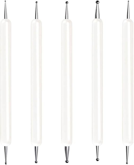 5 Pcs Double-Ended Embossing Stylus Set (10 Tips: 1.0-3.0mm), White Handle Metal Dotting Tools for Carbon Transfer, Tracing, Mandala Painting, Clay Sculpture & Nail Art - 5.1 Inch Length