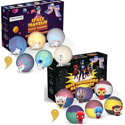 EvolutionUSA 6pc Epic Superhero Bath Bombs for Kids with Toys Inside & 6pc Space Bath Bomb Set with Toy Bundle, Organic Children Bath Bombs for Boys & Girls, Superhero & Gazlaxy Bath Balls for Kids