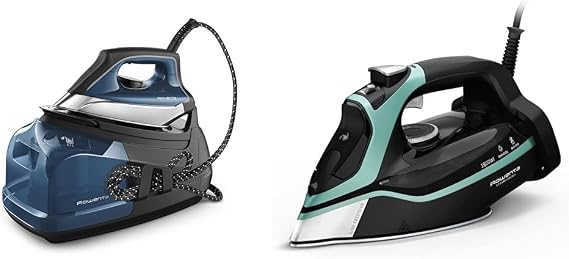 Rowenta Perfect Steam Pro Stainless Steel Soleplate Professional Steam Station & Steam Force Stainless Steel Soleplate Steam Iron for Clothes 400 Microsteam Holes, Cotton
