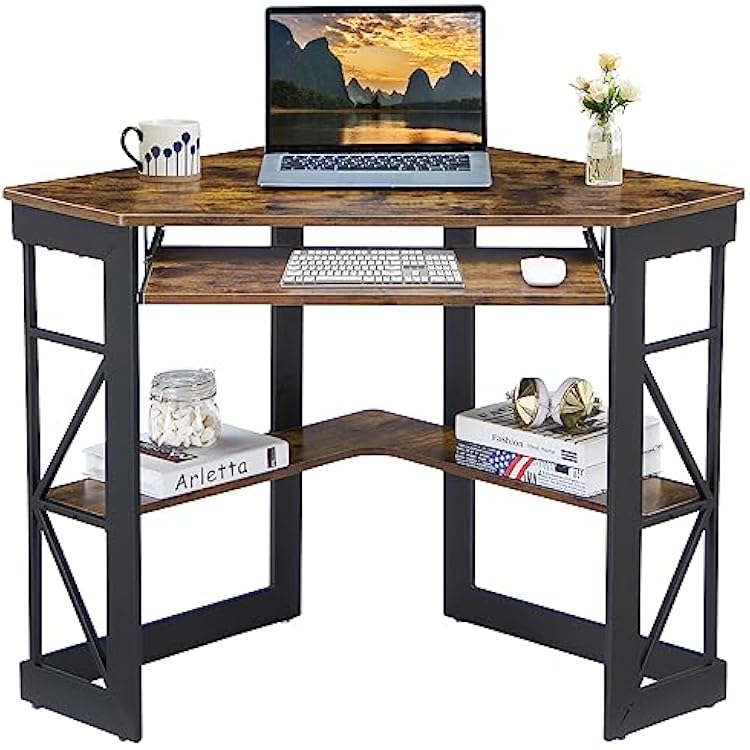 VECELO Corner Computer Desk 41 x 30 inches with Smooth Keyboard & Storage Shelves for Home Office Workstation, Antique Brown