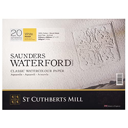 St. Cuthberts Mill Saunders Watercolor Paper Block - 12x9-inch White 100% Cotton - 20 Sheets of 140lb Rough Watercolor Paper for Gouache Ink Acrylic Charcoal and More