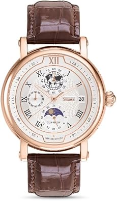 Stauer Guilloche Precision Chronograph Watch, Stainless Steel, Genuine Leather Band, Quartz Movement, Chronograph with Sun Moon Phase, Brown