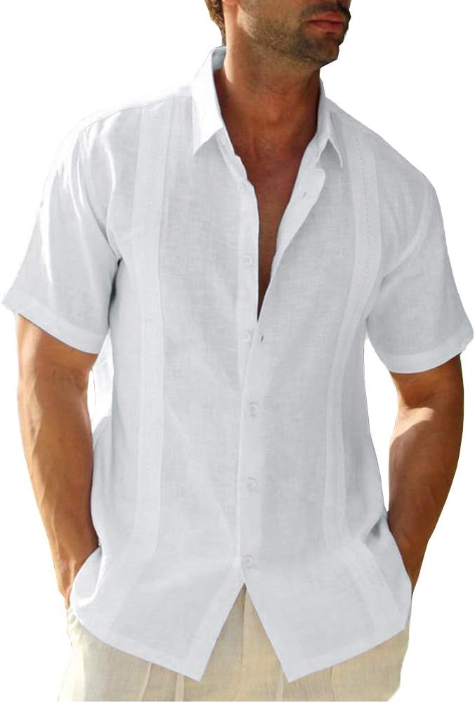 Ryannology Mens Guayabera Shirts Linen Short Sleeve Button Down Casual Beach Cuban Camp Mexican Shirt for Men Khaki