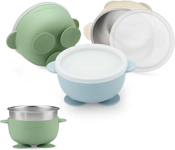 PandaEar 3 Pack Stainless Steel Baby Suction Bowls, Non-Slip Child Food Bowl with Silicone Sleeve for Kids Toddlers Infants, Unbreakable & Mess Free (Blue Green Beige, With Lids)