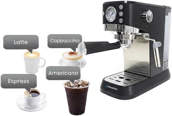 DRINKPOD 20 Bar Espresso Machine Coffee & Espresso Maker Combo with Milk Frother Steam Wand, Stainless Steel Cup Plate, and 1.5L Removable Water Tank High Pressure Espresso Maker