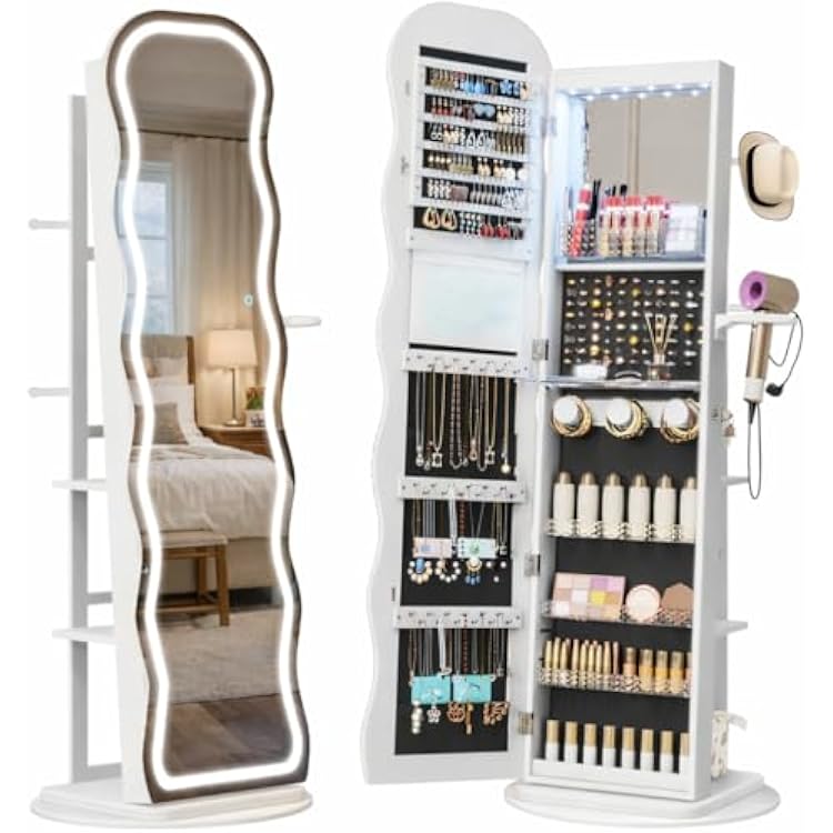 Vlsrka LED Mirror Jewelry Cabinet Standing, 360 Swivel Jewelry Aromire Organizer with Wavy Mirror, Lockable Jewelry Mirror with Storage, Jewelry Cabinet, Interior Mirror, Flodable Shelf, LED White
