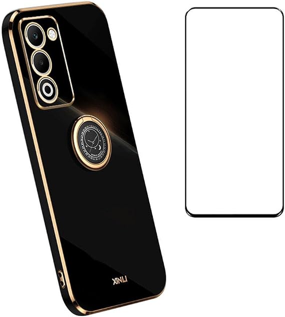 Compatible with Oppo A5 4G / A5 5G Case Slim Soft Cover with Screen Protector,TPU Bumper with Kickstand Ring Holder Protective Cover,Black