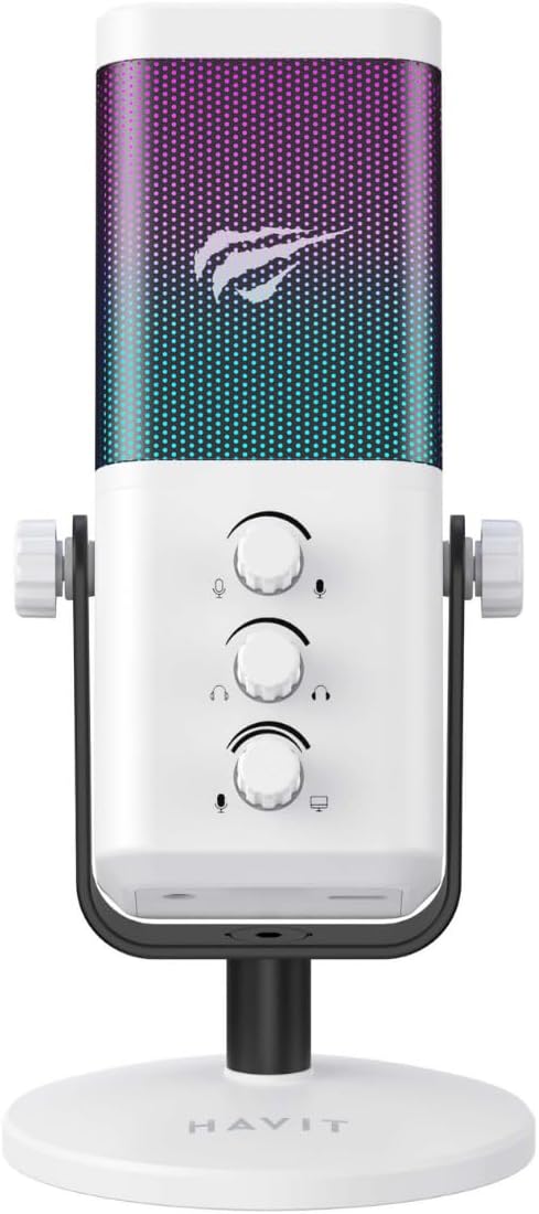 Havit GK65 RGB Profesyonel Yayıncı Mikrofonu 192kHz 24Bit Hi-Fi Dahili Ses Kartlı (Beyaz)