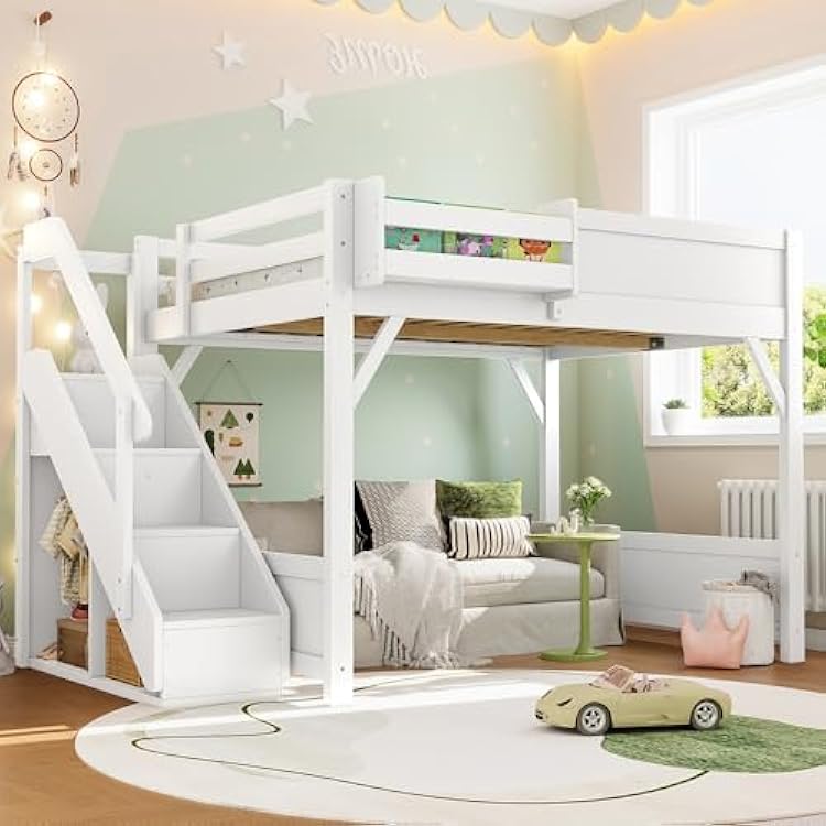 Bellemave Full Size Kids Loft Bed with Stairs and Wardrobe,Solid Wood Loft Bed Frame Full Size with Bookshelf for Kids,Boys,Girls,Space Saving,White