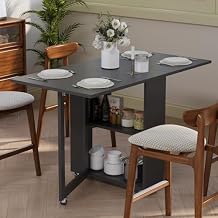 LotFun Folding Dining Table with 6 Wheels, 2-Layer Storage Shelf & Drawer, Space Saving Farmhouse Kitchen Table for Small Spaces