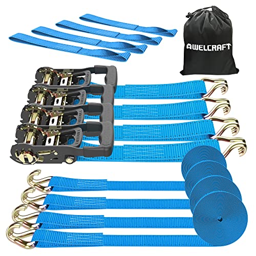 Ratchet Straps 4PK - 4500lbs Breaking Strength 1.515 Heavy Duty Tie Down Straps with Padded Handles, Double J Hooks & Soft Loops for Moving Motorcycle, Trailer & Trucks Blue