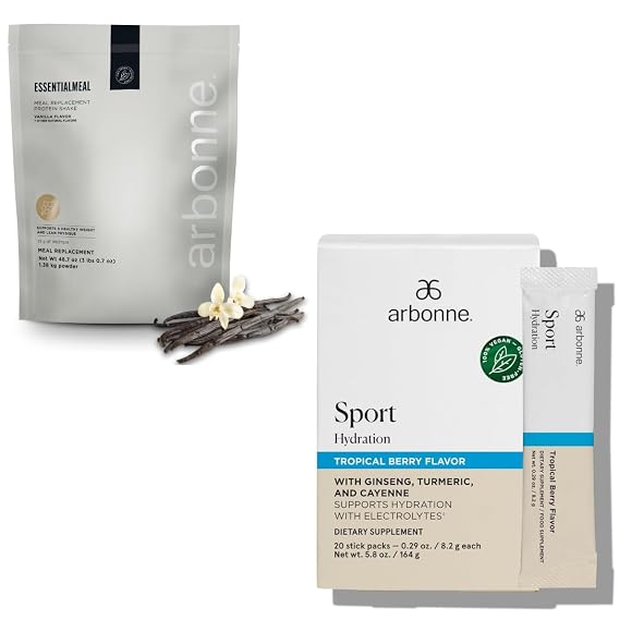 Arbonne EssentialMeal Meal Replacement Shake (Vanilla) with Sport Hydration Tropical Berry Electrolyte Powder