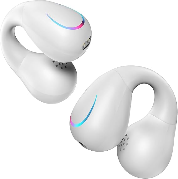 Open Ear Bone Conduction Headphones Bluetooth 5.3 Wireless Open Clip Ear Earbuds Built-in Mic with Ear Hooks 60 Hours Playtime Sport Earphones IPX7 Waterproof for Fitness Running White