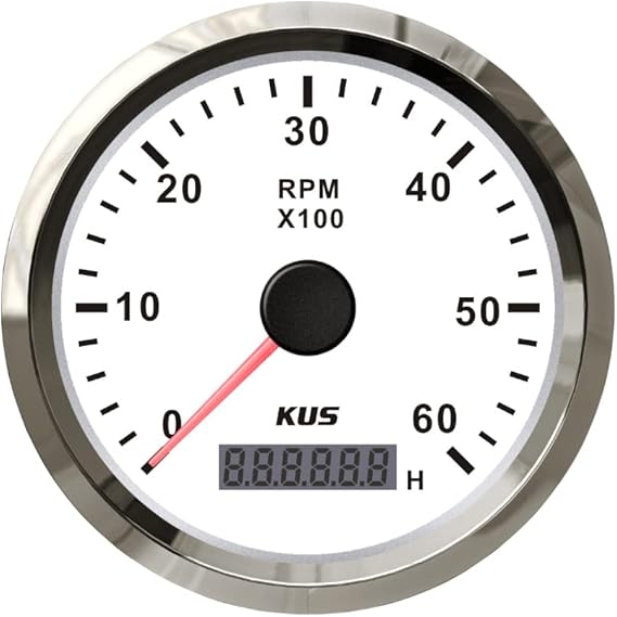 KUS Tachometer RPM Gauge REV Counter with Hour Meter 6000RPM 85mm 12V/24V with Red and Yellow Backlight