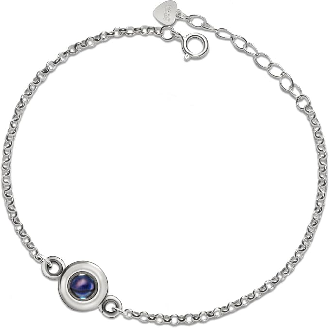 PERIMADE Custom Photo Bracelet Personalized Picture Circle Projection Bracelet Customized Text and Love in 100 Languages Round Charm Bracelet Birthday Memorial Jewelry for Women Mother Best Friend