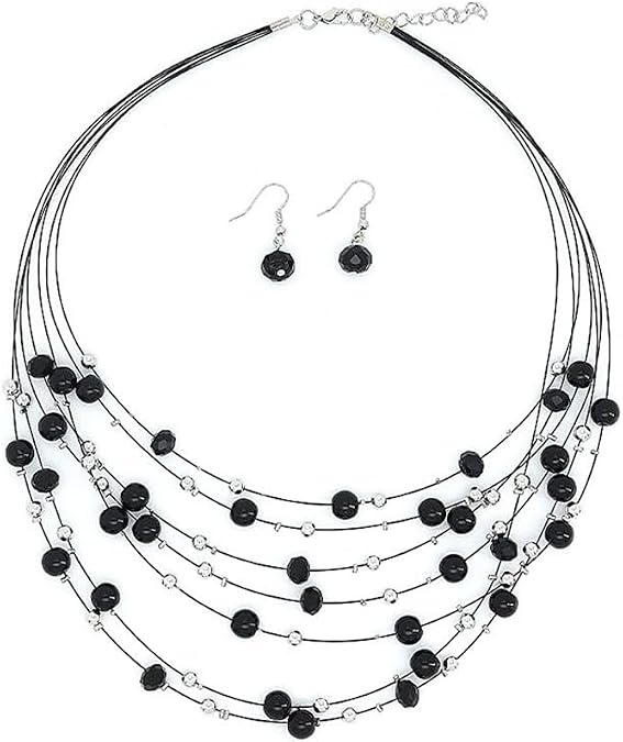 GIGB PBDK Layered Colorful Pearls Necklace Earring Set Boho Multi-Strand Beaded Necklace Earring Dainty Ethnic Style Jewelry Accessory Gift for Women