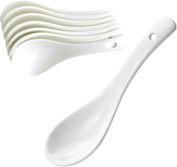 Set of 10 Ceramic Soup Spoons, 5.5-inch, Asian Soup Spoons, Rice Spoons, Chinese Porcelain Spoons for Kitchen, White