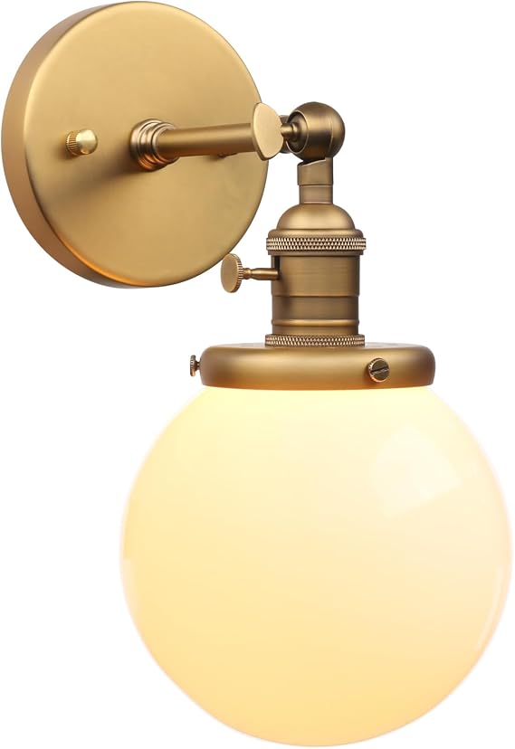PERMO Vintage Wall Sconce Lighting Fixture with 5.9" Round Globe Milk White Glass Hand Blown Shade Hardwired wall sconces with Switch (Antique Brass)