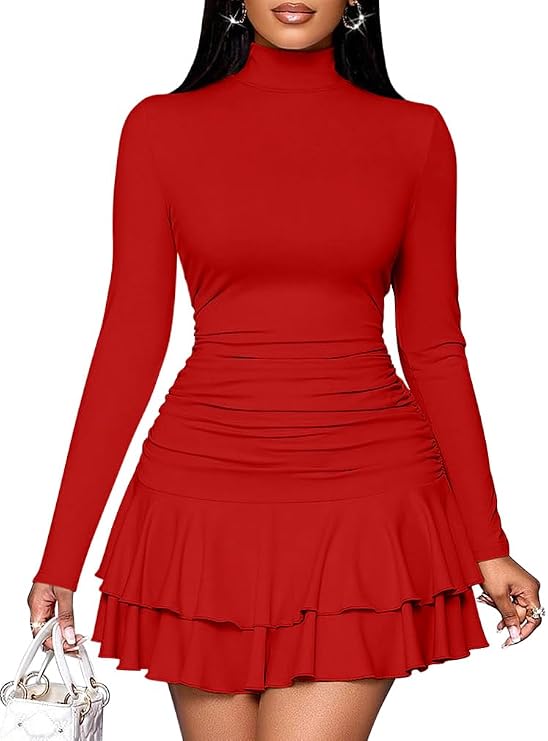 LAGSHIAN Women's Bodycon High Neck Long Sleeve Ruched Mini Dress