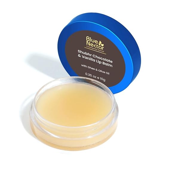 Blue Nectar Natural Lip Balm Chocolate & Vanilla with Organic Ghee for Dry Lips | Herbal Ayurvedic Hydrating Lip Gloss for Women (0.35 oz, 12 Herbs)