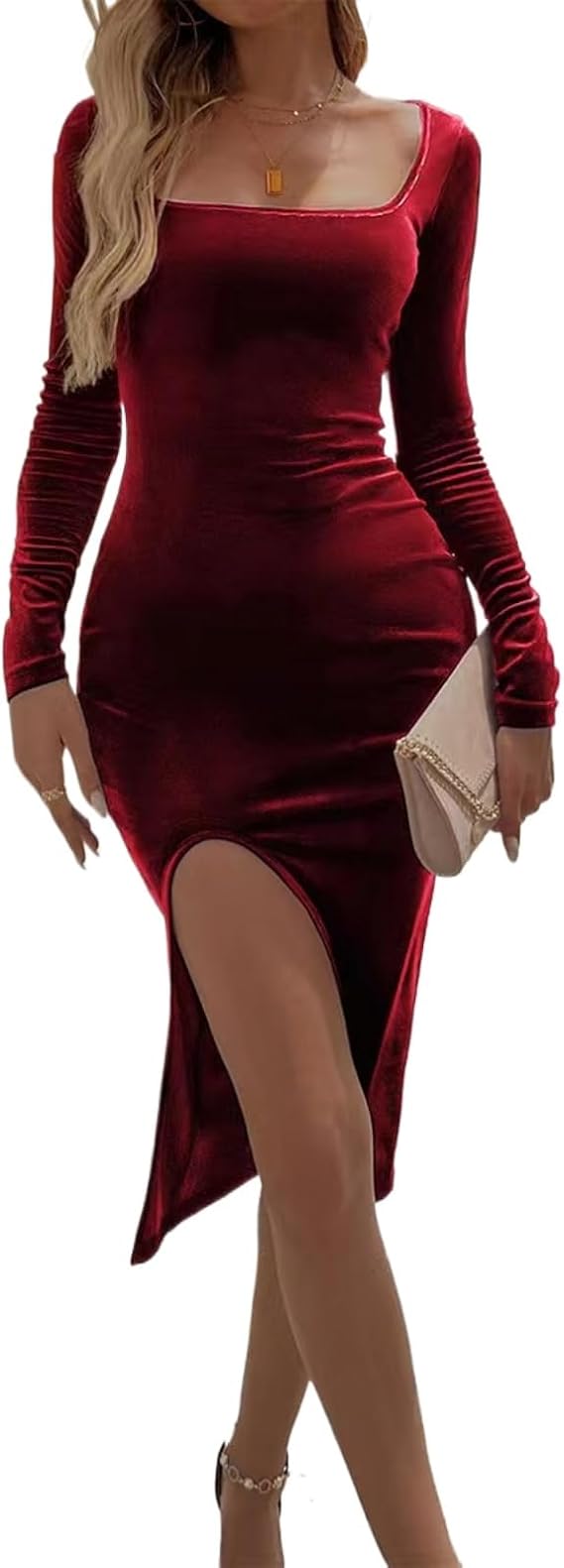Womens Sexy Velvet Midi Dress Square Neck Long Sleeve Bodycon Dress for Women Cocktail Party Evening Club Dresses