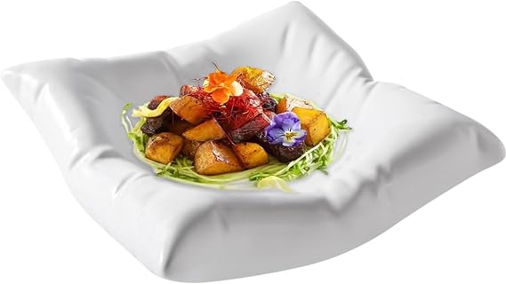 Ceramic Pillow-Shaped Dinner Plate Square Pillow Dessert Plate Serving Dishes for Salad Fruit Steak Tableware Dish Creative Appetizer Plate for Wedding Kitchen Party White 8"