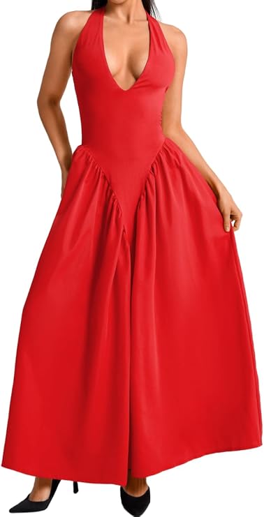 ChiaoLezhee Deep V Neck Dress, Halter Maxi Dresses, Vacation Date Night, Sexy for Women Corset Flowy Wedding Guest Drop Waist