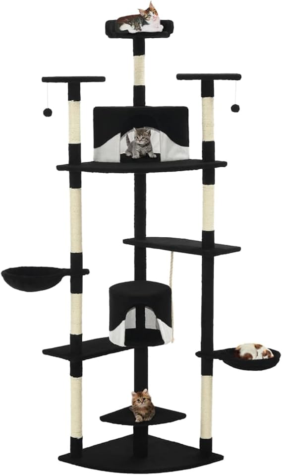 Cat Tree Cat Tree Tower Scratchiposts Multilevel Cat Climbihouse with Condos & Ladder Cat Activity Centre for Indoor Cats,Cat Tree with Sisal Scratchiposts 203 cm Black and White