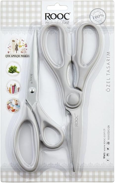Rooc Premium Serisi Ergonomik Saplı Çelik Gıdaya Temasa Uygun 2'li Mutfak Makası, Gri