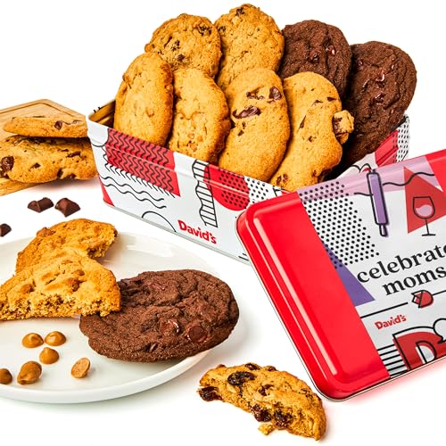 Davids Cookies Assorted Fresh Baked Cookies Sweet Sampler Tin - Chocolate Chunk, Peanut Butter Chip, Double Chocolate Chunk & Oatmeal Raisin Flavors - Gourmet Cookie Food Gift, 8 Count for Mom or Any Special Occasion