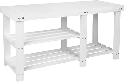 ECOMEX Wooden 2-Tier Shoe Rack Bench, White, 34.4L