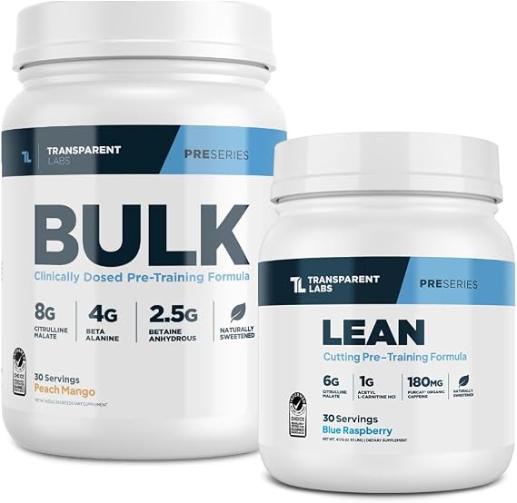 Transparent Labs Bulk Pre-Workout (30 Servings, Peach Mango) & Lean Pre-Workout (30 Servings, Blue Raspberry)
