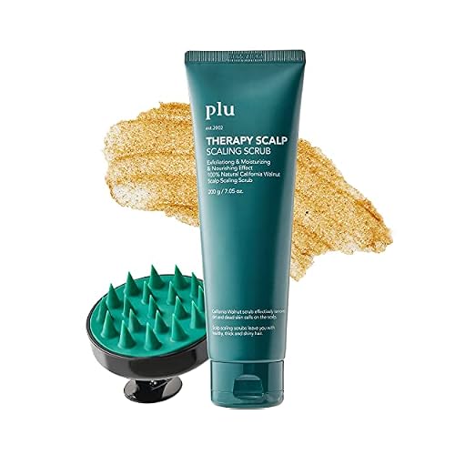 PLU Therapy Scalp Scaling Scrub With Silicone Massager Brush - Walnut Scrubber Gel for Oily Scalp and Dandruff - Exfoliating & Deep Cleansing Combo Set