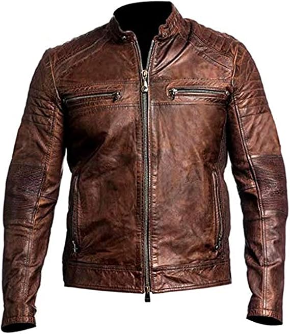 Brown Leather Jacket Men - Real Lambskin Leather Cafe Racer Distressed Motorcycle Jacket (US, Alpha, 3X-Large, Regular, Regular, Brown)