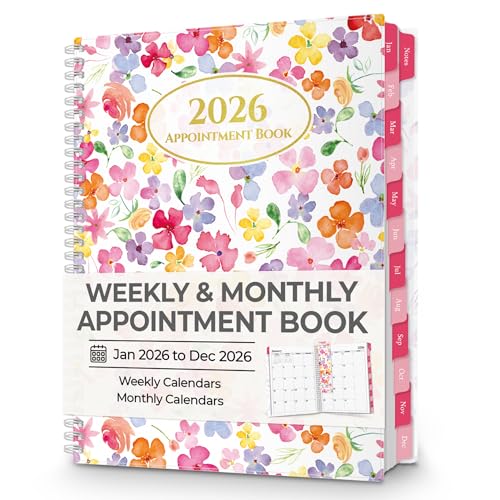 CRANBURY Daily Planner 2026, 8.5x11 Appointment Book, Jan to Dec 2026, 15-Min Hourly Scheduler, Large Daily Planner Book with Colorful Tabs Blossoms