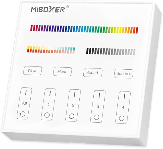 MiBOXER B4-W 4-Zone RGB+CCT Touch Panel Remote, Wireless 2.4GHz Full-Color & Tunable White LED Wall Remote, 16M Colors, Battery Operated