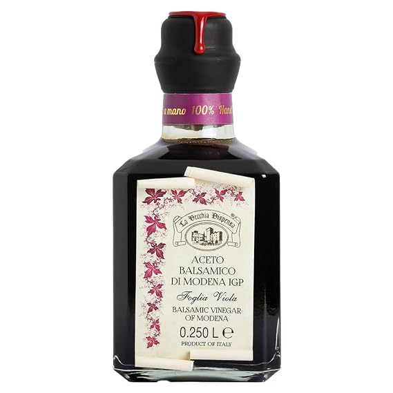 La Vecchia Dispensa - Balsamic Vinegar of Modena IGP | Violet Label - Unique Blend of Balsamics Aged 5 - 15 Years | One 8.45 Fl Oz (250ml) Glass Bottle with Wax Sealed Cork | GMO-Free | Imported from Italy