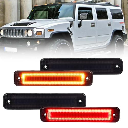 Front & Rear LED Side Marker Lights for Hummer H2 2003 2004 2005 2006 2007 2008 2009, H2 Smoked Lens Side Bumper Marker Lights, Hummer Amber & Red LED Turn Signal Lamps, 4 PCS