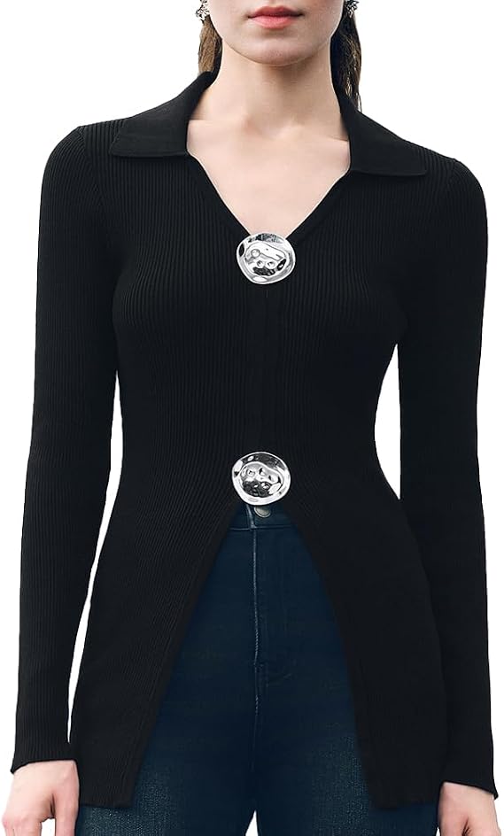 URBAN REVIVO Women Cardigan Sweaters Long Sleeve Knitted V-Neck Fluid Metal Button Down Lightweight Outwear 2025