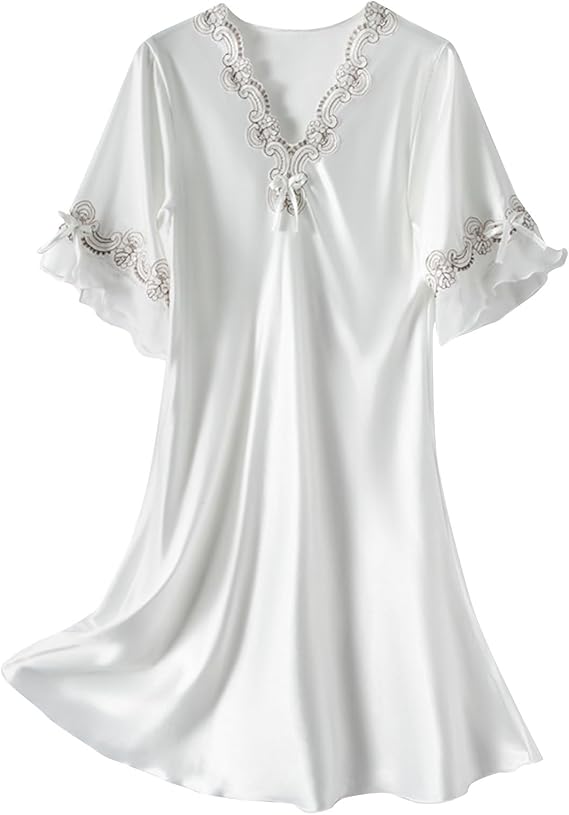 Satin Nightgowns for Women Knee Length Silk Nightdress Vintage Lace Chemise Half Sleeve Loose Soft Sleepwear