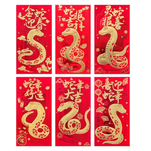 Year of the Snake 2025 Red Envelopes - 6 pcs Chinese Lucky Money Pockets, Hong Bao for Lunar New Year, Spring Festival, Weddings, Snake Year Red Packets, Red Pocket Bag.