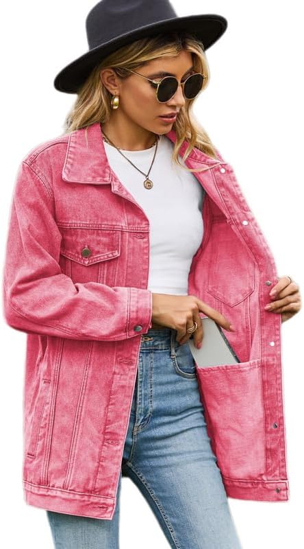 prigridche Women's Jean Jacket Frayed Washed Fringe Blouse Oversized Mid Long Denim Jacket Jean Biker Coat