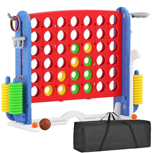 67i Large Outdoor 4-in-a-Row Game Set Adjustable Height Giant Backyard Combo with Golf, Ring Toss, Basketball Red with Carry Bag