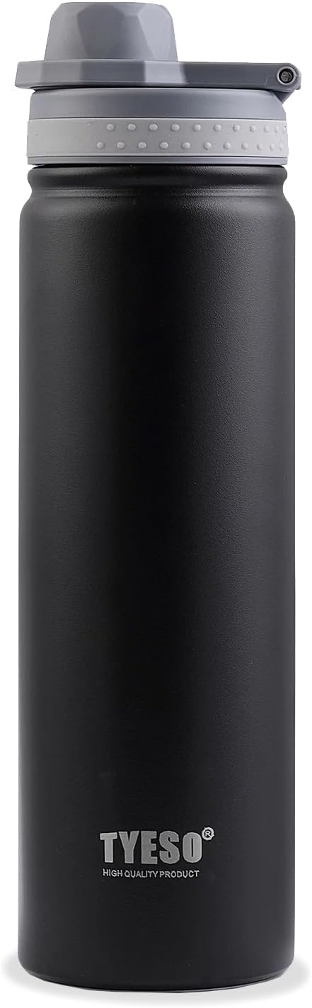 TYESO Water Bottle with Carrying Handle Lid | Insulated Stainless Steel Thermos | Travel Water Bottles for Gym & Sports | Leak Proof & BPA Free | Quick Flip Go Collection | 25oz (Black)