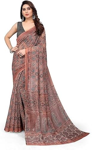 Women's Stylish Cotton Blend Ajrak Digital Printed Saree with Blouse Piece